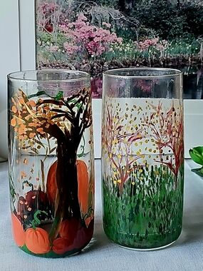 Unique Hand-Painted Fall Harvest Meadow Glass Tumblers - Set of 2